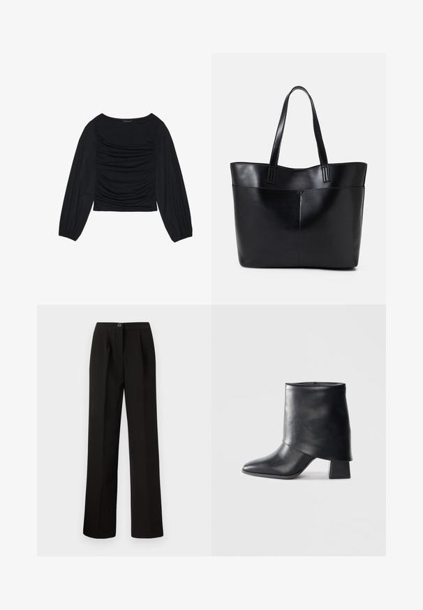Top preto de manga longa com detalhe de tecido franzido na parte da frente e nos pulsos, feito de material suave e elástico com decote à barco.; Calças pretas com um design de perna reta, apresentando pregas frontais, fecho com botão e um tecido suave e texturizado.; Bota de tornozelo em couro preto com bico afilado, textura suave e um salto bloco estruturado. Apresenta um design de cano alto e dobrado.; Bolsa tote preta em couro com duas alças longas, textura suave e forma estruturada. Apresenta um bolso frontal para armazenamento adicional.