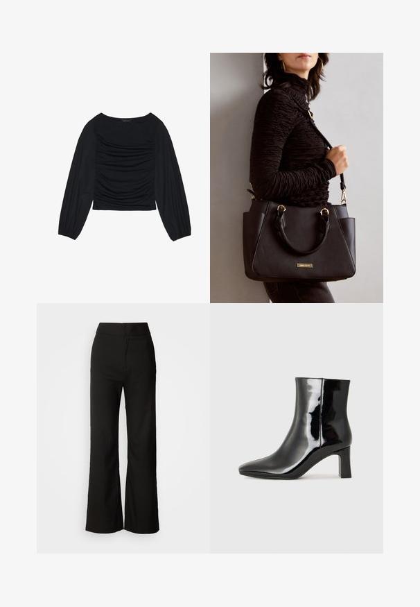 Black long-sleeve top featuring gathered fabric detail at the front and wrists, made of soft, stretchy material with a boat neckline.; Black wide-leg trousers with a smooth texture, high waist, and a clean design. No visible pockets or embellishments.; Black patent leather ankle boot with a pointed toe and a mid-height block heel. Smooth texture and minimalist design.; Black handbag with textured surface, dual top handles, and adjustable shoulder strap. Features gold-tone hardware and side pockets.