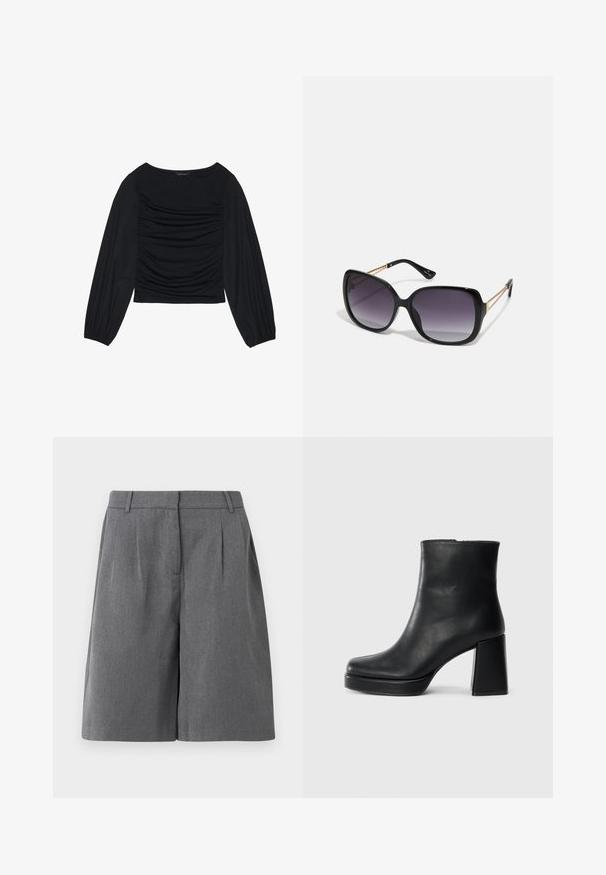 Top noir à manches longues présentant un détail de tissu froncé à l'avant et aux poignets, fabriqué en matière douce et extensible avec un col bateau.; Shorts gris ajustés avec un devant plat, des plis et des poches latérales. Fabriqués en tissu léger, ils présentent une texture lisse et une coupe droite.; Bottine en cuir noir avec un talon bloc et une semelle plateforme, vue de côté sur un fond blanc uni.; Lunettes de soleil noires surdimensionnées avec des verres dégradés, monture épaisse et détails en chaîne dorée sur les branches.