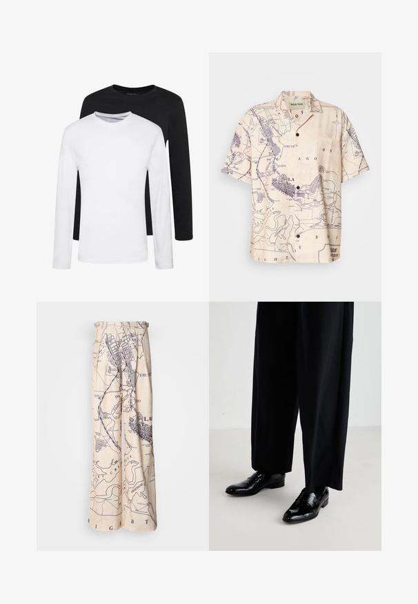 Two long-sleeve shirts, one black and one white, made of cotton with crew necks and a smooth texture, displayed in a stacked arrangement.; Short-sleeve shirt in light beige fabric with a map print in navy blue, featuring a classic collar and front pocket.; Wide-legged pants featuring a map print in navy on a beige background, with pleated detailing at the waist and a relaxed fit.; Black leather dress shoes with a glossy finish, featuring a smooth toe and a low heel, paired with loose-fitting black trousers.