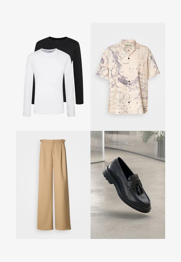 Deux chemises à manches longues, l'une noire et l'autre blanche, en coton avec un col rond et une texture lisse, présentées dans un arrangement empilé.; Chemise à manches courtes en tissu beige clair avec un imprimé carte en bleu marine, dotée d'un col classique et d'une poche avant.; Pantalons larges beiges à taille haute, avec un devant plié et des passants de ceinture. Fabriqués en tissu lisse avec un design épuré et minimal.; Mocassins en cuir noir à finition lisse, avec pompon décoratif, semelle en caoutchouc épaisse et détails cousus. Design léger et élégant.