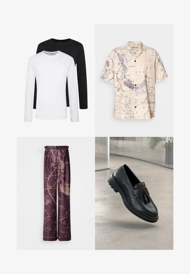 Du švarkai su ilgomis rankovėmis, vienas juodas ir vienas baltas, pagaminti iš medvilnės, su apvaliais iškirpimais ir lygiu paviršiumi, išdėstyti sluoksniuotai.; Šviesiai smėlio spalvos trumpomis rankovėmis marškiniai su tamsiai mėlynu žemėlapio raštu, klasikiniu kirpimu ir priekine kišenėle.; Violet plataus kojų kelnes su žemėlapių raštu šviesesniame atspalvyje. Pagamintos iš lygaus audinio, su klostėmis ir elastinga juosmens juosta.; Juodi odiniai bateliai be užsegimo su lygiu paviršiumi, dekoratyvine kutu, stora guminė pado danga ir siūtais akcentais. Lengvi ir elegantiško dizaino.