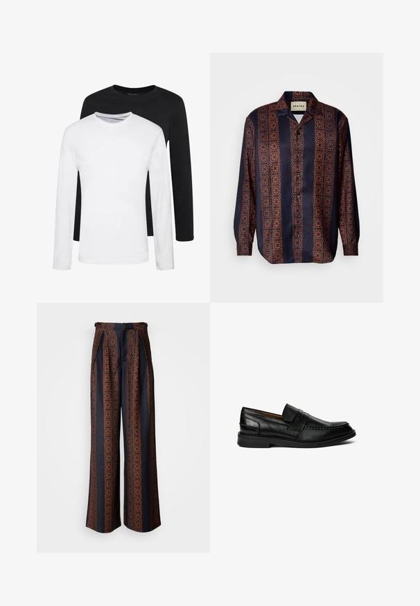 Dvoje dlouhých rukávů, jedno černé a jedno bílé, vyrobené z bavlny s kulatým výstřihem a hladkou texturou, vystavené ve srovnaném uspořádání.; Námořnická košile na knoflíky s květinovým geometrickým vzorem v odstínech oranžové. Má límec a dlouhé rukávy s knoflíkovými manžetami.; Široké kalhoty z tmavě modré tkaniny s jemným oranžovým geometrickým vzorem, s sklady vpředu a přiléhavým pasem.; Pavement JOSEPH - Polobotky - black