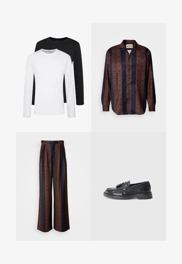 Deux chemises à manches longues, l'une noire et l'autre blanche, en coton avec un col rond et une texture lisse, présentées dans un arrangement empilé.; Chemise à boutons marine avec un motif floral géométrique dans des tons d'orange. Comprend un col et des manches longues avec des poignets à boutons.; Pantalons larges en tissu bleu foncé avec un motif géométrique orange complexe, dotés d'un front plissé et d'une ceinture ajustée.; Mocassins en cuir noir avec un bout arrondi, une sangle ornée de pompons et une semelle épaisse dotée d'un motif de traction. Texture lisse et design classique.