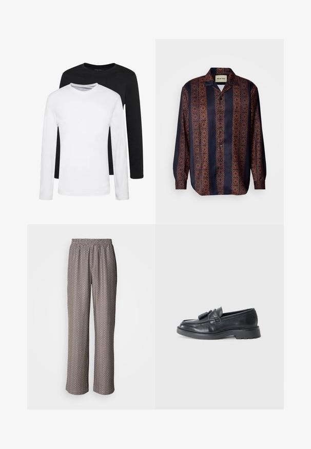 Deux chemises à manches longues, l'une noire et l'autre blanche, en coton avec un col rond et une texture lisse, présentées dans un arrangement empilé.; Chemise à boutons marine avec un motif floral géométrique dans des tons d'orange. Comprend un col et des manches longues avec des poignets à boutons.; Pantalons larges en tissu léger, présentant un motif géométrique noir et blanc avec une taille élastique.; Mocassins en cuir noir avec un bout arrondi, une sangle ornée de pompons et une semelle épaisse dotée d'un motif de traction. Texture lisse et design classique.