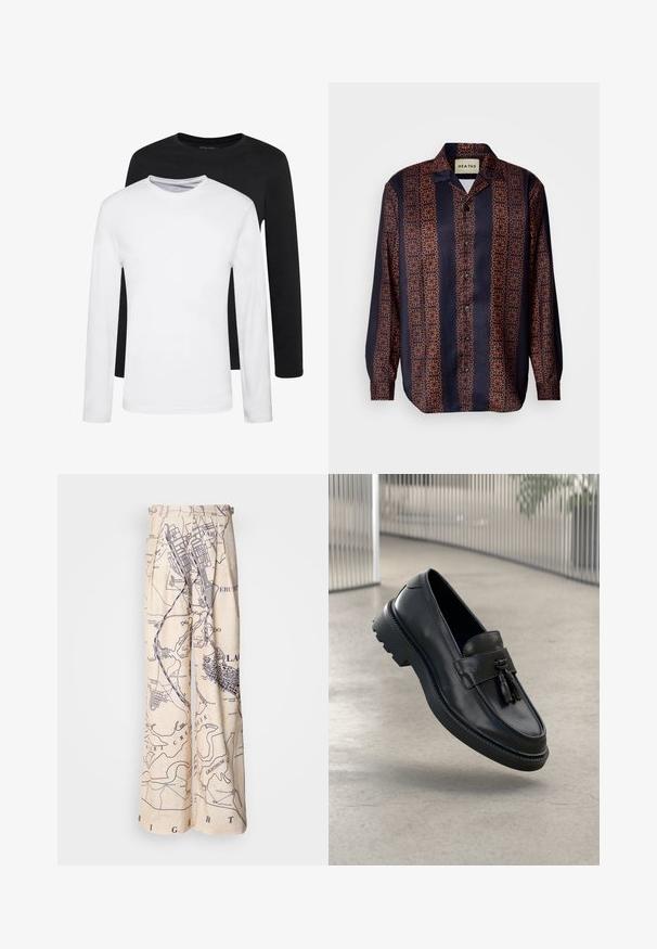 Deux chemises à manches longues, l'une noire et l'autre blanche, en coton avec un col rond et une texture lisse, présentées dans un arrangement empilé.; Chemise à boutons marine avec un motif floral géométrique dans des tons d'orange. Comprend un col et des manches longues avec des poignets à boutons.; Pantalons à jambes larges avec un imprimé carte en navy sur un fond beige, avec des détails plissés à la taille et une coupe décontractée.; Mocassins en cuir noir à finition lisse, avec pompon décoratif, semelle en caoutchouc épaisse et détails cousus. Design léger et élégant.