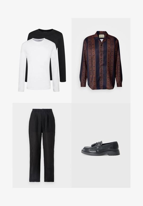 Două cămăși cu mâneci lungi, una neagră și una albă, confecționate din bumbac, cu gât rotund și o textură netedă, prezentate într-un aranjament suprapus.; Cămașă închisă la culoare, cu butoni, decorată cu un model geometric floral în nuanțe de portocaliu. Are guler și mâneci lungi cu manșete cu butoni.; Pantaloni negri, pliați, dintr-un material texturat și cu model. Au talie elastică și închidere cu buton, cu croială dreaptă.; Loafers din piele neagră, cu vârful rotund, o curea cu bentițe și o talpă groasă cu un model de profil. Textură netedă și design clasic.