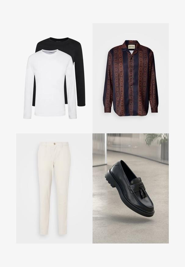 Du švarkai su ilgomis rankovėmis, vienas juodas ir vienas baltas, pagaminti iš medvilnės, su apvaliais iškirpimais ir lygiu paviršiumi, išdėstyti sluoksniuotai.; Tamsiai mėlyna mygtukų marškiniai su gėlių geometriniu raštu oranžinės atspalviuose. Turinti apykaklę ir ilgomis rankovėmis su mygtukais.; Šviesiai smėlinės kelnės su liekna siluetu, pagamintos iš glotnaus medvilninio audinio. Yra mygtuko uždarymas, diržo kilpos ir standartiniai kišenės.; Juodi odiniai bateliai be užsegimo su lygiu paviršiumi, dekoratyvine kutu, stora guminė pado danga ir siūtais akcentais. Lengvi ir elegantiško dizaino.