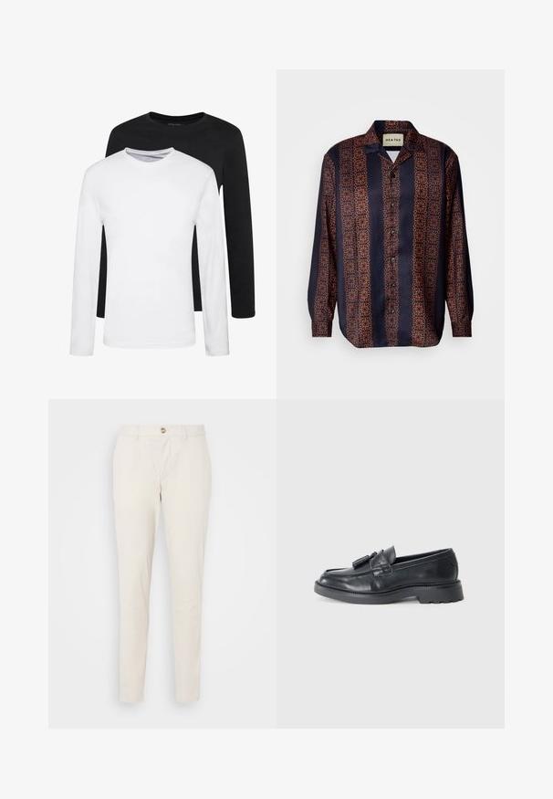 Dve majice z dolgimi rokavi, ena črna in ena bela, narejene iz bombaža z okroglim izrezom in gladko teksturo, prikazane v zloženem položaju.; Mornarska srajca z gumbi z cvetličnim geometrijskim vzorcem v odtenkih oranžne barve. Ima ovratnik in dolge rokave z gumbi na manšetah.; Svetlo bež hlače s slim fit krojem, izdelane iz gladkega bombažnega blaga. Imajo gumb za zapiranje, zanke za pas in običajne žepe.; Črne usnjene loafers sandale z zaobljenim nosom, pasom s resicami in robustnim podplatom z vzorcem profila. Gladka tekstura in klasičen dizajn.