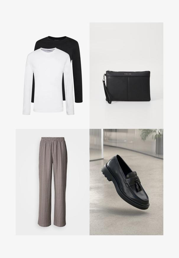 Kaksi pitkähihasta paitaa, yksi musta ja yksi valkoinen, puuvillasta valmistettuja, pyöreäkaula-aukolla ja sileällä pinnalla, esillä pinoamalla.; Valkoiset leveälahkeiset housut, jotka on valmistettu kevyestä kankaasta ja joissa on mustavalkoinen geometrinen kuvio, elastinen vyötärö.; Mustat nahkaiset loafersit, joissa on sileä pinta, koristeellinen hapsu, paksu kumipohja ja ommellut yksityiskohdat. Kevyt ja virtaviivainen muotoilu.; Mustat synteettiset hihnataskut, joissa on vetoketjukiinnitys, ranneunos ja sileä pinta. Sisältää hienovaraisia ompeleita ja kohokuvioidun logon etupuolella.