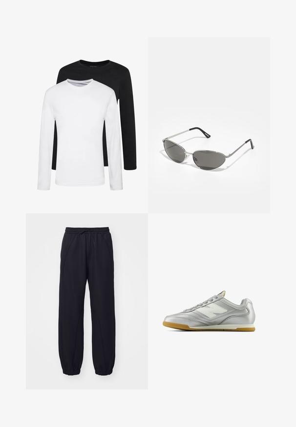 Două cămăși cu mâneci lungi, una neagră și una albă, confecționate din bumbac, cu gât rotund și o textură netedă, prezentate într-un aranjament suprapus.; Pantaloni de trening negri dintr-un material moale, cu talie elastică și șnur, mansete la tiv și cusături decorative.; Cămașă sport argintie cu o suprafață netedă și strălucitoare, logo alb pe lateral, șireturi texturate gri și talpă din cauciuc de gumă.; Ochelari de soare cu un cadru metalic argintiu, lentile nuanțate de gri și un design aerodinamic, cu colțuri ascuțite și brațe subțiri.