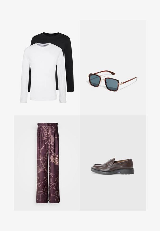Twee longsleeves, één zwart en één wit, gemaakt van katoen met ronde hals en een gladde textuur, gepresenteerd in een gestapelde opstelling.; Paarse wijde broek met een kaartprint in een lichtere tint. Gemaakt van een gladde stof, met plooien en een elastische tailleband.; Bruine leren instappers met een gladde afwerking, ronde neus, minimale stiksels en een dikke zwarte rubberen zool. Geen zichtbare hardware of accenten.; Tortoiseshell zonnebril met donkergrijze lenzen, vierkante vorm, gouden metalen accenten en slanke pootjes met kenmerkende gestreepte details.