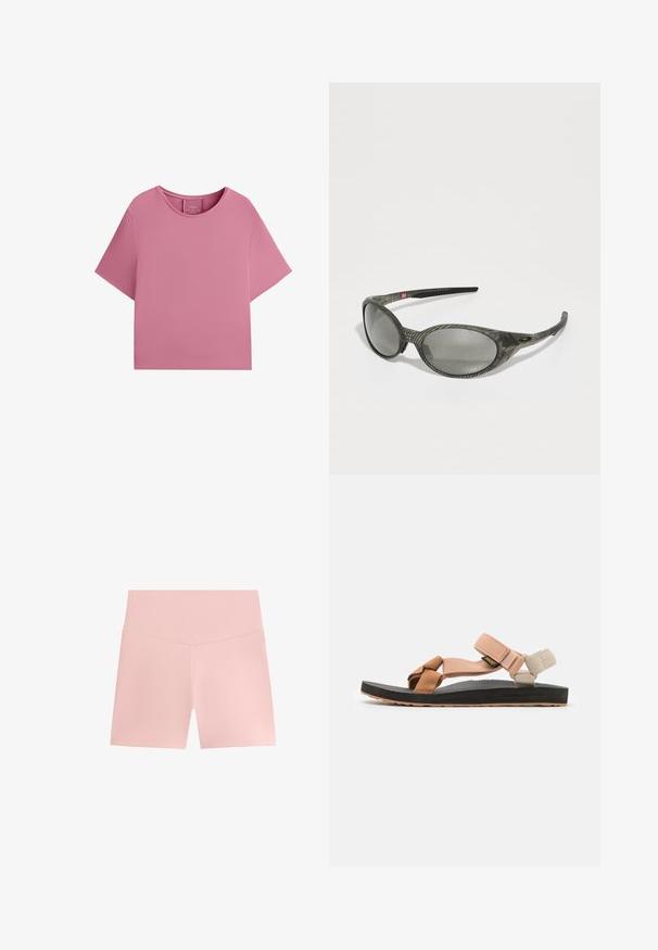 Lyserød cropped t-shirt med korte ærmer, rund halsudskæring og glat tekstur. Har et enkelt, minimalistisk design uden mønstre eller pynt.; Lyserøde atletikshorts med en glat tekstur, høj talje og en tætsiddende silhuet. Minimalistisk stil, ingen synlige mønstre eller accenter.; Fodtøj: flade sandaler med justerbare remme i fersken, tan og creme. Gummisål med struktureret overflade, brune accenter og sort bund.; Grå solbriller med en tekstureret, mønstret ramme. Ovale linser og slanke arme har en sort accent. Letvægts kompositmateriale.