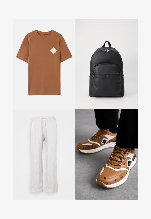 Ruskea puuvillainen t-paita lyhyillä hihoilla, pyöreällä kaula-aukolla ja vasemmalla rinnassa valkoinen timanttilogo-patch.; Vaaleanharmaat, väljästi istuvat housut pehmeästä kankaasta, jossa on joustava vyötärö ja nauhakuuloke. Suorat lahkeet, joissa on hienovaraisia laskoksia, ei näkyviä kuvioita.; Valkoisilla yksityiskohdilla varustetut ruskeat nahkakengät, joissa on teksturoitu pinta ja kultaiset yksityiskohdat; paksu valkoinen pohja; pyöreä kärki ja nauhakiinnitys.; Musta nahkareppu, jossa on teksturoitu pinta. Varustettu etuosan vetoketjulla, kaksinkertaisilla yläpakkauksilla ja logolla etupuolella. Pyöreä muoto.