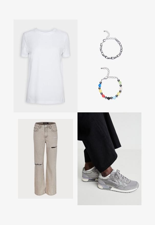 White short-sleeve t-shirt made of cotton. Crew neck design with a smooth texture and no visible patterns or accents. Basic style.; Light gray jeans in a relaxed fit, featuring distressed detailing with rips at the knees and a faded texture. Includes five pockets and belt loops.; Gray sneakers with mesh and suede materials, featuring a white sole, light gray accents, and laces. Worn with loose black fabric pants.; Silver chain bracelet featuring elongated links above. Below, a colorful beaded bracelet with black, blue, green, yellow, red, and clear beads.