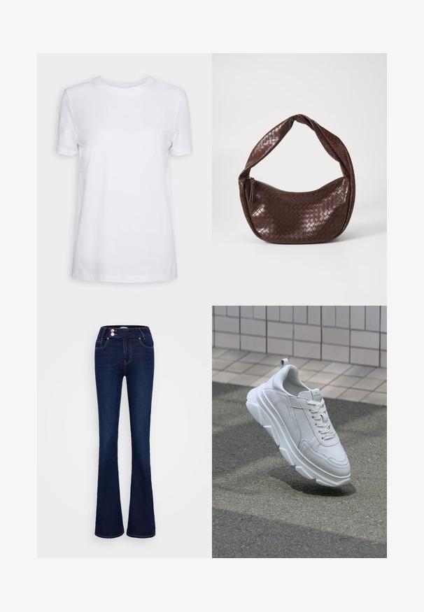 T-shirt blanc à manches courtes en coton. Design col rond avec une texture lisse et sans motifs ni accents visibles. Style basique.; Jean bleu foncé évasé avec une taille haute, deux poches avant et deux fermetures à bouton. Fabriqué en denim avec une texture lisse.; Basket en cuir blanc avec une semelle en caoutchouc épaisse et texturée, dotée d'un laçage et de détails de couture. Design à bout rond et soutien de la cheville.; Sac à main en cuir tressé marron avec une poignée courbée et nouée, et une fermeture zippée. Texture lisse et forme arrondie.