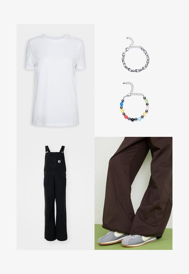 Valge lühikeste varrukatega T-särk, mis on valmistatud puuvillast. Ümmargune kaelus, sile tekstuur ja ilma nähtavate mustrite või aktsentideta. Üksikasjalik stiil.; Mustad denim ülepluus laia jalgadega, reguleeritavate rihmadega, ettepoole taskuga ja logo sildiga rinnal. Vastupidav kangas matt viimistlusega.; Pruunid avarad püksid sujuva tekstuuriga ja külgõmblustega, kombineeritud hallide ja valgete retrostiilis tossudega, millel on kummi aluspind.; Hõbedane ketigael näidis, millel on pikendatud lingid üleval. Allpool on värvikas helmedest koosnev käevõru, milles on mustad, sinised, rohelised, kollased, punased ja selged helmeste.
