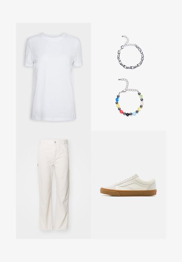 Vit kortärmad t-shirt i bomull. Rundhalsdesign med en mjuk textur och inga synliga mönster eller detaljer. Enkel stil.; Vita bomullscargobyxor med raka ben, med sidofickor och en knappstängning i midjan. Slät textur.; Vita kanvas låga sneakers med gummigummi sula, rund tå, snörningsstängning och sidodetalj i läder.; Söljdkedjearmband med avlånga länkar ovan. Nedanför, ett färgglatt pärlarmband med svarta, blå, gröna, gula, röda och klara pärlor.