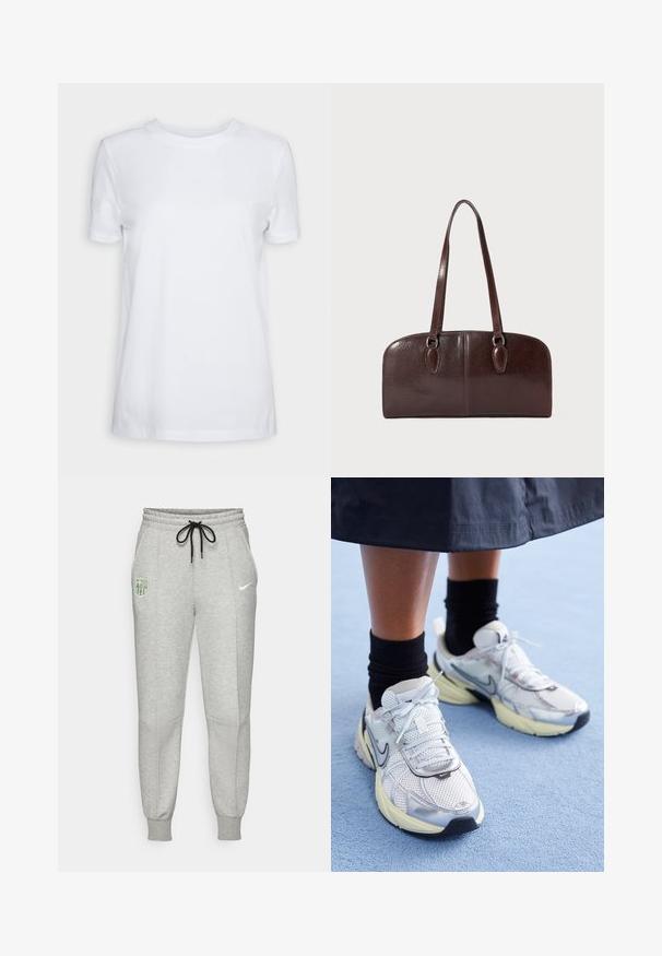 Hvit kortermet t-skjorte laget av bomull. Rund hals-design med en jevn tekstur og ingen synlige mønstre eller detaljer. Enkel stil.; Lys grå joggebukser med svart snøring, elastiske mansjetter, FC Barcelona-logo på venstre lår, og neon Nike-svikt på høyre lår.; Hvite og sølv Nike-sneakers med mesh-stoff, reflekterende detaljer, og en beige såle. Brukt med svarte sokker, stående på en blå overflate.; Brun skinnveske med to lange håndtak, en strukturert rektangulær form, glatt tekstur og avrundede kanter. Har detaljer ved håndtakene.