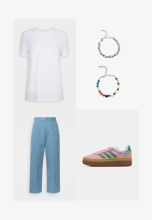 Valge lühikeste varrukatega T-särk, mis on valmistatud puuvillast. Ümmargune kaelus, sile tekstuur ja ilma nähtavate mustrite või aktsentideta. Üksikasjalik stiil.; Heledad sinine puuvillane püksid sirge säärega, varustatud nööbikinnituse, vöökohalenkide ja peene tekstuuriga.; Roosa nahast tossud roheliste triipude, valgete aktsentide ja pruuni kummitaldiga. Omavad tekstuuriga kangast ja logo detaile külgedel.; Hõbedane ketigael näidis, millel on pikendatud lingid üleval. Allpool on värvikas helmedest koosnev käevõru, milles on mustad, sinised, rohelised, kollased, punased ja selged helmeste.