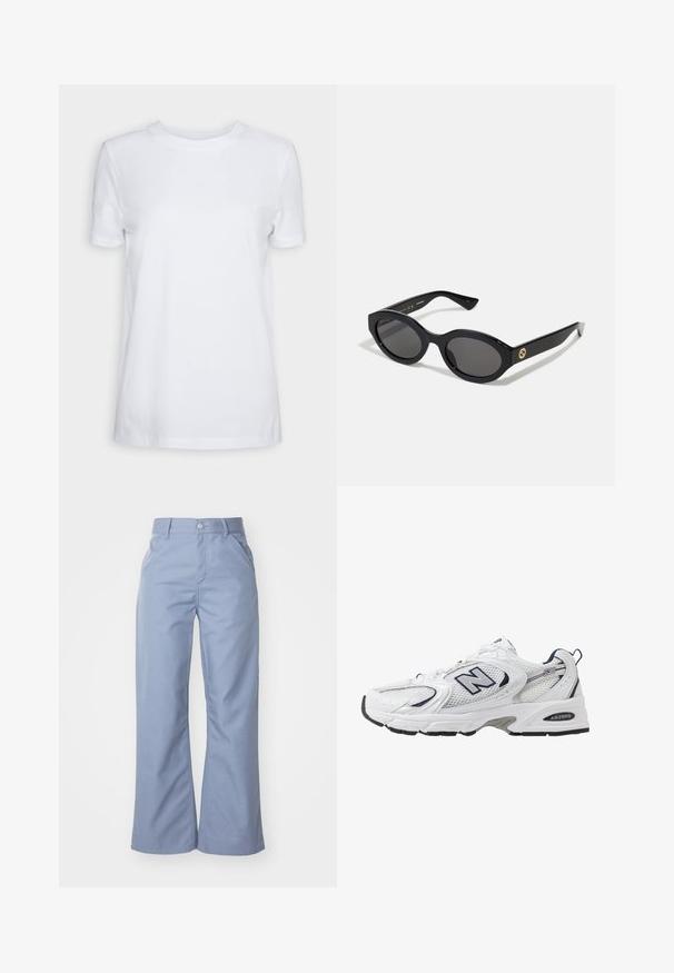 Hvid kortærmet t-shirt lavet af bomuld. Rund hals design med en glat tekstur og uden synlige mønstre eller accenter. Basic stil.; Lyst blå bredbenede bukser i en glat bomuldsblanding, med forlommer og en knaplukning i taljen.; Hvide sportsko med netoverdel, marineblå detaljer og polstret sål. Har "N" logo, snørebånd og struktureret detalje på siden.; Sorte ovale solbriller med mørke linser og blank plastramme. Har et guldlogo på stykket, hvilket giver et slankt og moderne design.