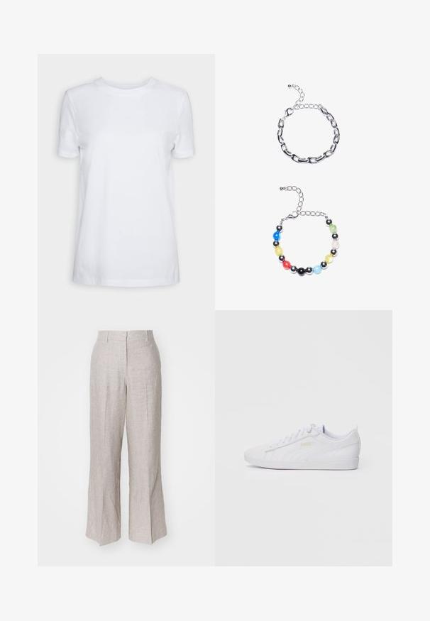 Tricou alb cu mânecă scurtă din bumbac. Design cu gât rotund, cu o textură netedă și fără modele sau accente vizibile. Stil de bază.; Pantaloni din in bej deschis cu talie înaltă, picioare largi și pliuri frontale. Textură netedă și design minimalist, potriviți pentru ținute casual.; Adidași Puma albi, cu vârf jos, cu șireturi în față, branding subtil pe lateral și pe talpă, și un material sintetic neted, ideali pentru purtarea de zi cu zi.; Brățară din lanț argintiu, cu linkuri elongate deasupra. Sub aceasta, o brățară colorată din mărgele cu mărgele negre, albastre, verzi, galbene, roșii și transparente.