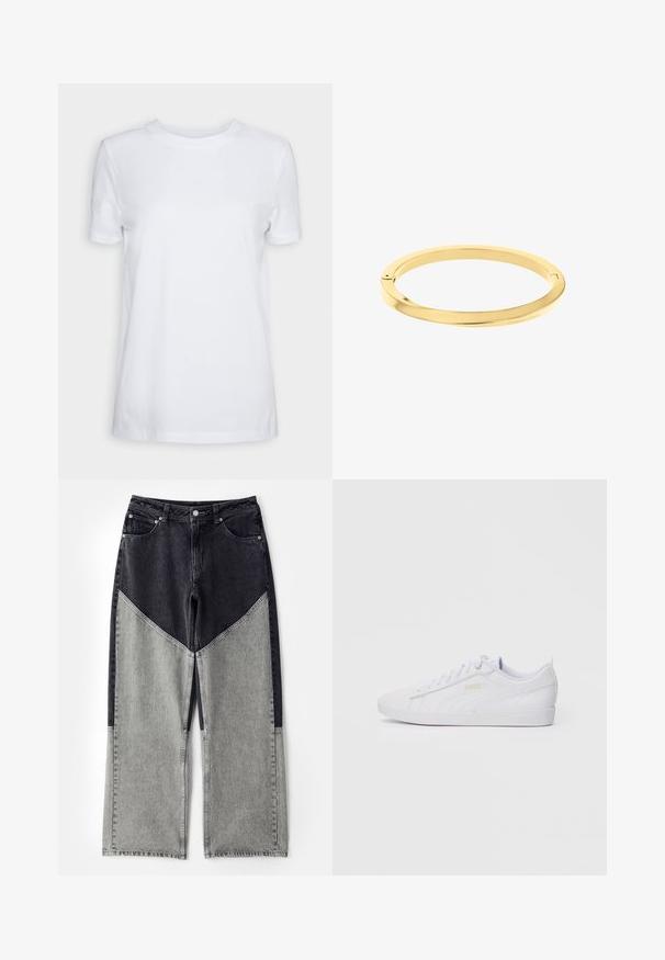 Fehér, rövid ujjú, pamut póló. Kerek nyakkivágású, sima textúrával, látható minták vagy kiegészítők nélkül. Alap stílus.; Magas derekú, bőszárú farmernadrág, színblokkokkal, sötétszürke és világosszürke farmeranyagból. Tartalmaz egy alap öt zsebes elrendezést.; Fehér, alacsony szárú Puma sneaker, fűzős elülső résszel, diszkrét logóval az oldalon és a talpon, sima szintetikus felsőrésszel, amely laza viselethez készült.; Vékony, fényes arany karkötő sima, kerek formával és diszkrét logóval rendelkezik. Zökkenőmentes kialakítással és minimalista esztétikával büszkélkedik.