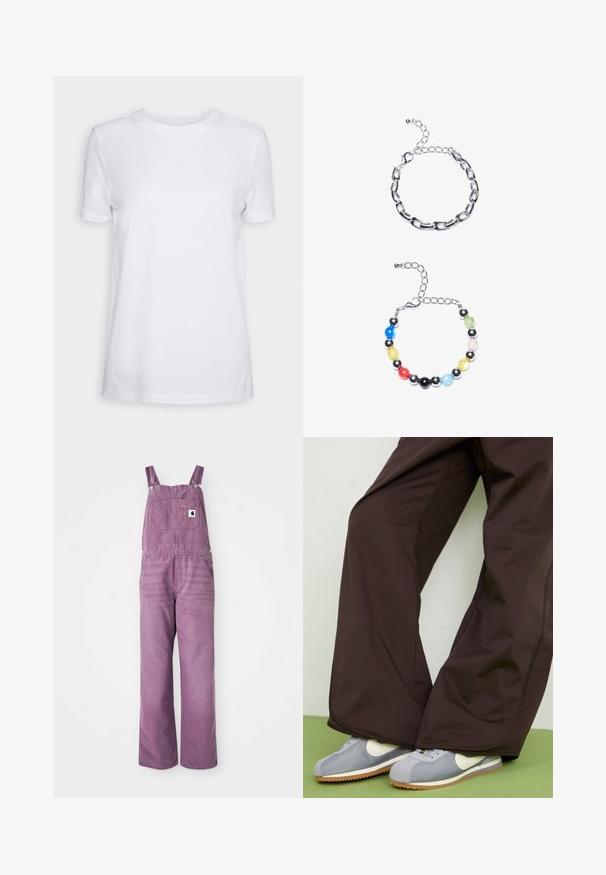 White short-sleeve t-shirt made of cotton. Crew neck design with a smooth texture and no visible patterns or accents. Basic style.; Purple denim overalls with adjustable straps, front pocket, and wide legs. Material shows slight texture; hardware features silver metal clips.; Brown wide-leg pants with smooth texture and side seam detailing, paired with grey and white retro-style sneakers featuring a gum sole.; Silver chain bracelet featuring elongated links above. Below, a colorful beaded bracelet with black, blue, green, yellow, red, and clear beads.