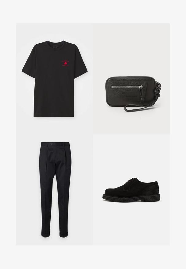 Zwart katoenen t-shirt met ronde hals en korte mouwen; heeft een rood geborduurd "Emporio Armani" logo en hart op de borst.; Zwarte broek gemaakt van een gladde stof, met een plooi aan de voorkant, een knopen sluiting en opgerolde manchetten bij de enkels.; The Antipode DERBY - Veterschoenen - black; Zwarte leren clutch met een gestructureerd oppervlak, voorzak met rits en een afneembare polsband. Beschikt over een logo-opdruk aan de voorkant. Rechthoekige vorm.