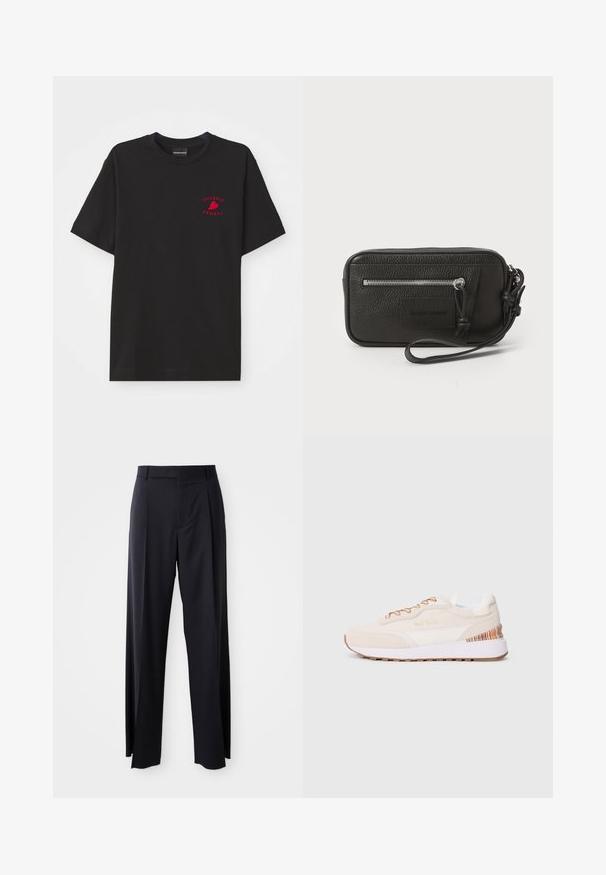 Black cotton t-shirt with a round neck and short sleeves; features red embroidered "Emporio Armani" logo and heart on the chest area.; Black, high-waisted trousers with a wide-leg cut, made of smooth fabric. Features front pleats and belt loops. Minimalistic design, no visible hardware.; Sneakers with a beige suede upper, white accents, brown rubber sole, and colorful striped detail on the heel; features brown laces.; Black leather clutch with textured surface, front zip pocket, and detachable wrist strap. Features a logo patch on the front. Rectangular shape.