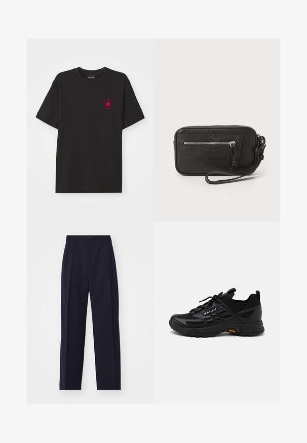 Schwarzes Baumwoll-T-Shirt mit Rundhalsausschnitt und kurzen Ärmeln; mit rotem gesticktem "Emporio Armani"-Logo und Herz im Brustbereich.; Marineblaue, maßgeschneiderte Hose mit geradem Bein, Falten vorne, Knopfverschluss und ohne sichtbare Taschen. Glatte Stofftextur.; Schwarze Sportschuhe aus einer Kombination von strukturierten synthetischen Materialien und Mesh. Sie verfügen über eine robuste Sohle, ein Schnürsystem und ein auffälliges Logo-Detail.; Schwarze Leder-Clutch mit strukturiertem Oberflächen, Vorderseite mit Reißverschlusstasche und abnehmbarem Handgelenkriemen. Fällt durch ein Logo-Patch auf der Vorderseite auf. Rechteckige Form.