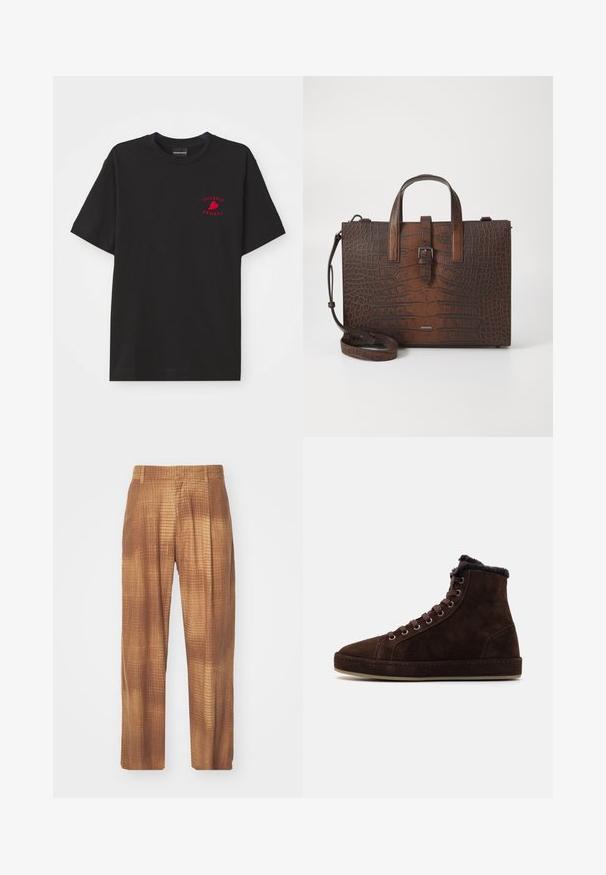 Black cotton t-shirt with a round neck and short sleeves; features red embroidered "Emporio Armani" logo and heart on the chest area.; Brown patterned trousers with a textured surface, featuring a loose fit and straight legs. The fabric has a subtle grid design.; Brown suede high-top sneakers with lace-up front, round toe, soft lining at the collar, and rubber sole.; Brown crocodile-embossed leather handbag with top handles and a detachable shoulder strap. Features a buckle closure and rectangular shape.