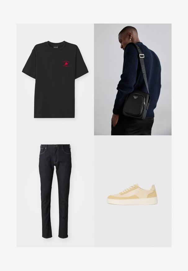 Juodas medvilnės marškinėliai su apvaliu kaklu ir trumpomis rankovėmis; krūtinės srityje yra raudona siuvinėta "Emporio Armani" logotipas ir širdelė.; Tamsiai mėlyni džinsai, pagaminti iš džinsinio audinio, su tiesių kojų dizainu, penkiomis kišenėmis, kontrastinėmis siuvimo linijomis ir klasikiniais mygtukais.; Šviesiai geltoni zomšiniai ir odiniai sportbačiai, turintys paminkštintą pado ir siuvinėtus akcentus. Klasikinis raištelių modelis su apvaliu pirštu.; Juodas odinis kryžiumi nešiojamas krepšys su užtraukiamu skyriumi, logotipo detale ir prekinio ženklo reguliuojama juosta. Dėvimas ant tekstūrinio tamsiai mėlyno megztinio.