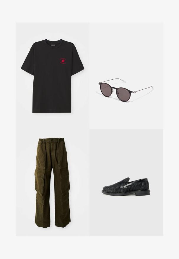 Černé bavlněné tričko s kulatým výstřihem a krátkými rukávy; na hrudníku má červeně vyšívané logo "Emporio Armani" a srdce.; Cargo kalhoty v tmavě olivově zelené barvě, vyrobené z texturované bavlny. Mají elastický pas, několik bočních kapes a volný střih.; Černé pletené nazouvací boty s hladkým koženým akcentem na svršku, kulatou špičkou a nízkoprofilovou gumovou podrážkou.; Černé kulaté sluneční brýle s tmavými skly a tenkými kovovými nohami. Obsahují průhledné koncovky nožiček a stříbrné akcenty na pantu. Minimalistický design.