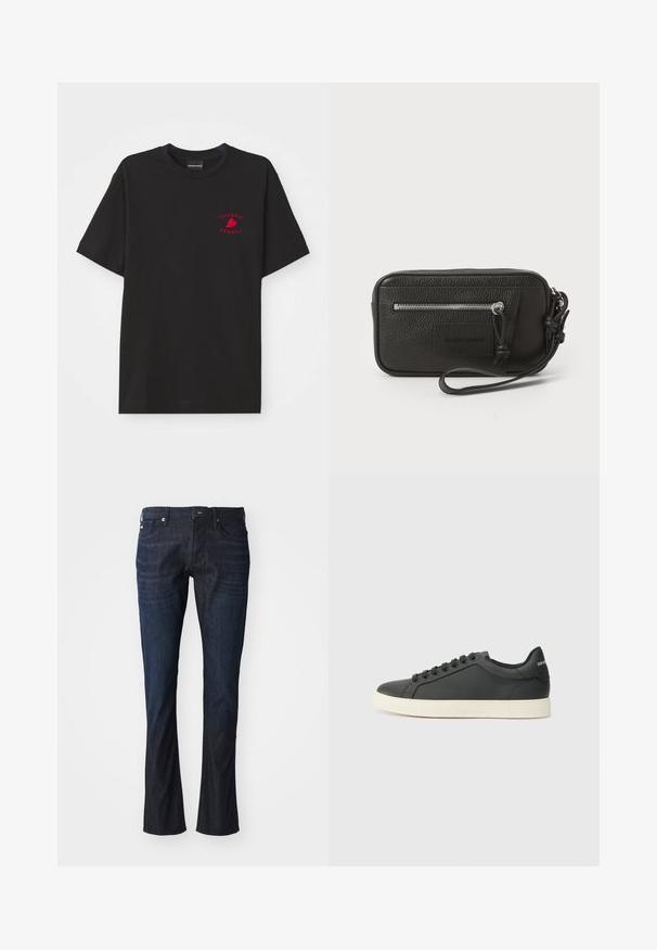 Tricou din bumbac negru cu guler rotund și mâneci scurte; prezintă un logo brodat roșu "Emporio Armani" și o inimă în zona pieptului.; Jeans din denim de culoare albastru închis, cu croială dreaptă, cinci buzunare, închidere cu nasture și ușoară decolorare pe coapse. Pantalonii au tiv plat și nu prezintă modele vizibile.; Sneaker din piele neagră cu profil joasă, vârf rotunjit și închidere cu șireturi; caracteristici o talpă din cauciuc texturat și detaliu cu logo pe toc.; Plică din piele neagră cu suprafață texturată, buzunar frontal cu fermoar și curea pentru încheietura mâinii detasabilă. Dispune de un patch cu logo pe față. Formă rectangulară.