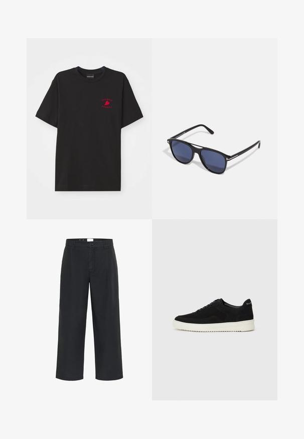 Black cotton t-shirt with a round neck and short sleeves; features red embroidered "Emporio Armani" logo and heart on the chest area.; Matinique MACHINO PLEAT - Trousers - black; Black suede sneaker with lace-up design and contrasting white rubber sole. Features textured side panels and subtle branding on the heel.; Sunglasses with black plastic frame, blue tinted lenses, slightly rounded shape, and silver metal accents on the temples.