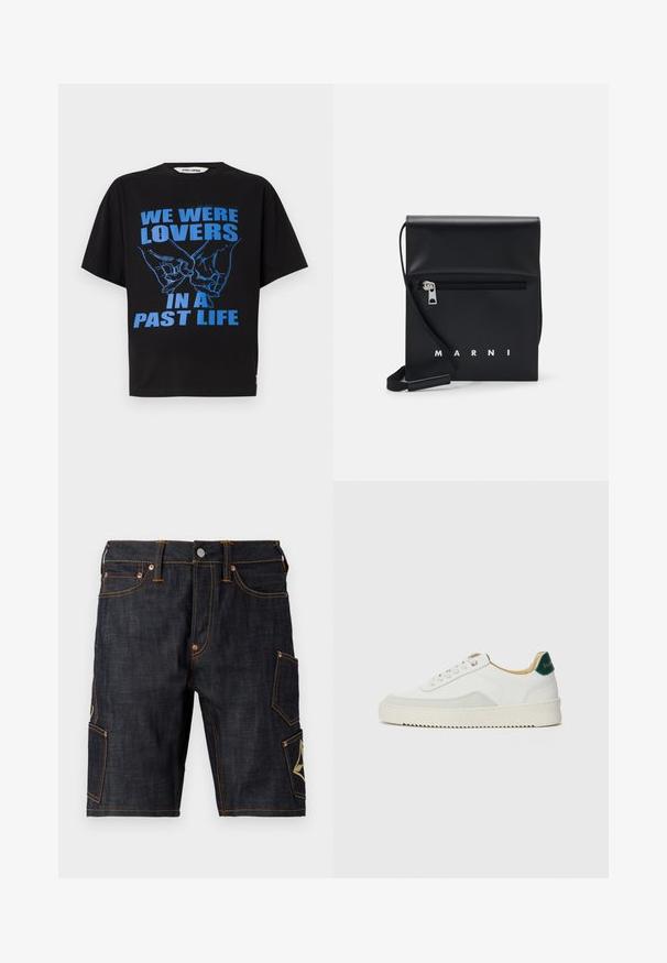 Black cotton t-shirt with short sleeves, featuring blue text and an illustration of two hands forming a heart gesture.; Dark denim shorts with a straight cut, featuring contrast orange stitching, five pockets, and a cargo pocket with an emblem.; White sneaker with suede accents, rounded toe, flat laces, and a cream rubber sole. Features green branding on the heel.; Black leather crossbody bag with a zippered front pocket, embossed logo, and adjustable strap. Smooth texture with a structured shape.