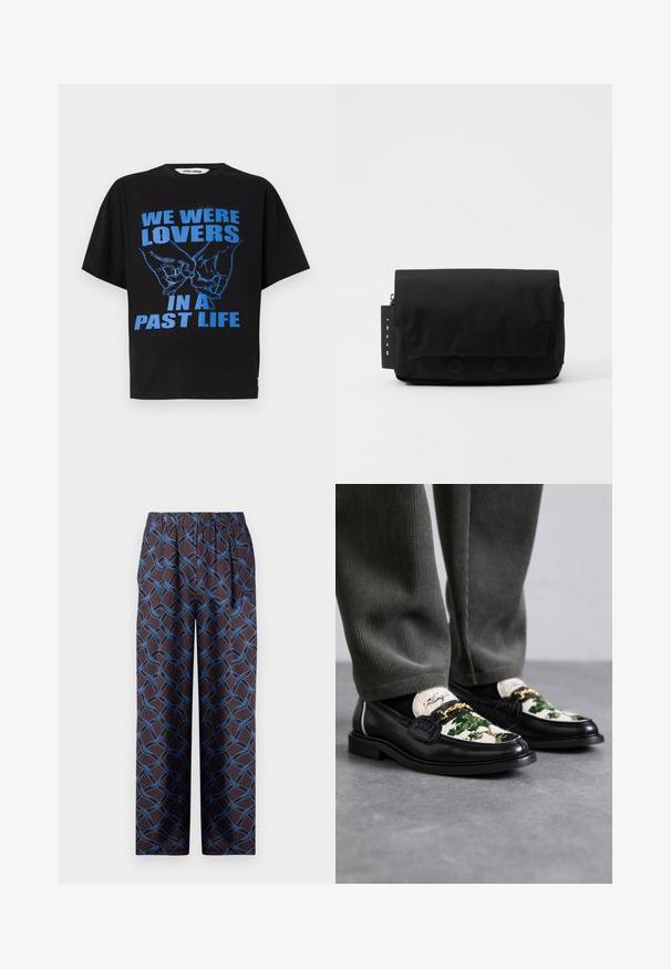 Crna pamučna majica kratkih rukava, sa plavim tekstom i ilustracijom dviju ruku koje formiraju srce.; Hlače širokih nogavica od tamnog materijala, s tkanim plavim uzorkom. Elastični pojas osigurava udobnost. Glatka tekstura s geometrijskim naglascima.; Crne kožne mokasinke s dekorativnim gornjim dijelom od zelene i bijele tekstilne tkanine. Sadrži zlatnu lančanu akcentaciju i teksturiranu crnu potplat.; Crna torba za poruke izrađena od teksturiranog materijala. Ima poklopac s dva kružna gumba, odjeljak s patent-zatvaračem i oznaku s imenom brenda.