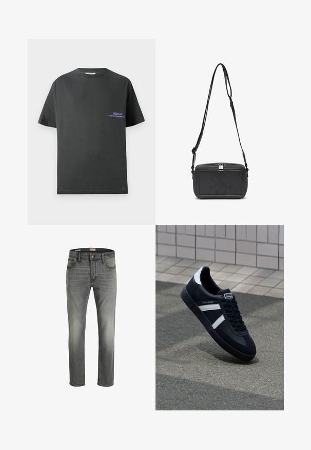 Tumehallist puuvillast T-särk, ümarate kaelustega. Vasakul rinnal on väike lilla print, kus on kiri "REPLAY." Lühikesed, sirged varrukad.; Hall griidist denim püksid, millel on veidi kulunud välimus, sirge lõike disain, viie tasku stiil ja üks metallist nupuga sulgemine.; Must have musta sneaker musta valgete triipudega, tekstuurne kummitald ja nööridega esiosa. Omab bränditud märki keele peal.; Musternast mustriga nahast ristiõlgadega kott, millel on tõmbluku sulgemine, esiküljel on sissepressitud logo ja reguleeritav rihm. Sile tekstuur ja ristkülikukujuline kuju.