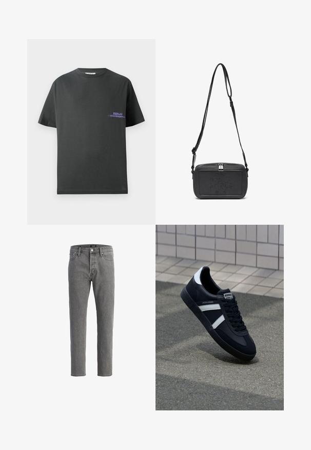 Dark gray cotton t-shirt with a round neckline. Features a small purple print on the left chest reading "REPLAY." Short, straight sleeves.; Gray denim jeans with a straight cut, five-pocket design, and metal button closure. Fabric has a soft, textured finish.; Black leather sneaker with white stripes, textured rubber sole, and lace-up front. Features a branded label on the tongue.; Black leather crossbody bag with a zip closure, embossed logo on the front, and adjustable strap. Smooth texture with a rectangular shape.