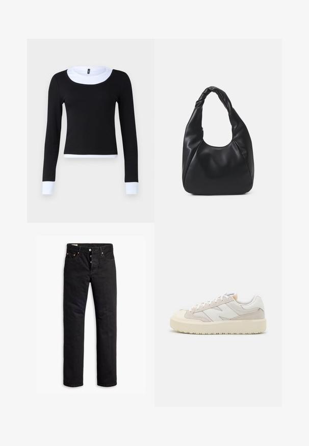 Zwarte top met lange mouwen en een geribbelde textuur, met een witte ronde hals en manchet. Het ontwerp is aangesloten en cropped op de taille.; Zwarte denim jeans met een rechte snit, vijf-pocket ontwerp en een knoopsluiting. Beschikt over koperen klinknagels en stikselaccenten.; Lage beige en witte sneaker met mesh- en suedepanelen, dikke crèmekleurige zool en logo-detail aan de zijkant.; Zwarte hobotas gemaakt van glad, leerachtig materiaal met een gedraaide handgreep, met een zachte, ronde vorm en een ritsluiting aan de bovenkant.