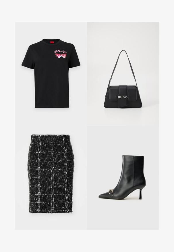 Zwarte katoenen t-shirt met korte mouwen, featuring een roze grafiek van een zonnebril en de tekst "Not Your Girl" op de linkerborst.; Zwart-wit geblokte pencilrok met een gestructureerde afwerking, voorzien van een ruitpatroon en een aansluitend ontwerp. Middenhoogte taille, kniehoogte.; Zwarte leren enkelboot met spitse neus, slanke middenhoge hak en zilveren gespdetail aan de zijkant op een effen achtergrond.; Zwarte leren handtas met een driehoekige vorm, voorzien van een voorflap, zilverkleurige hardware en het geperste logo "HUGO." Enkele schouderriem.