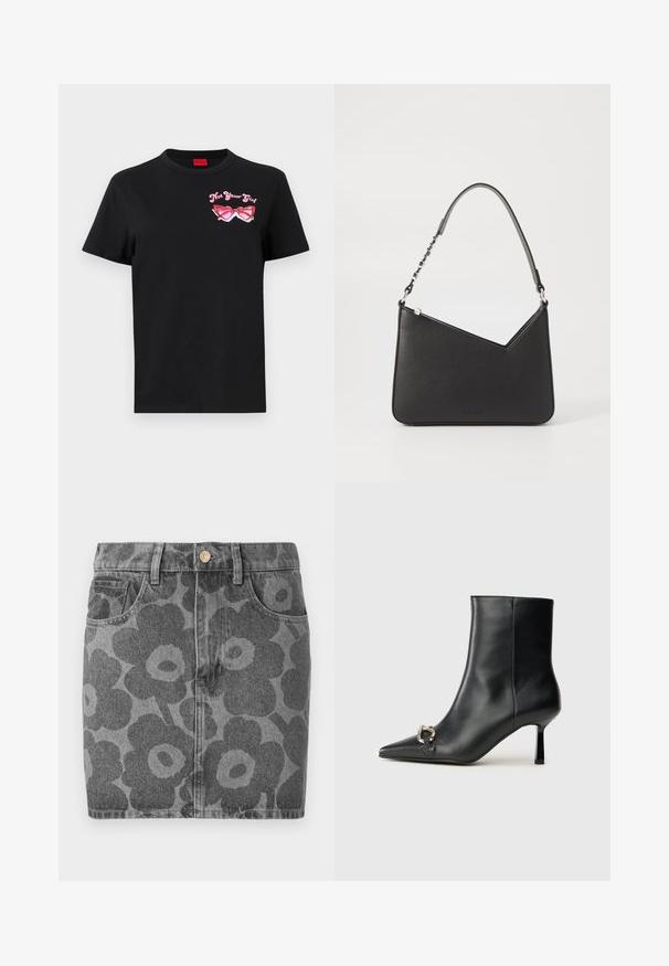 Melnas kokvilnas t-krekls ar īsām piedurknēm, kurā ir rozā grafika ar saulesbrillēm un uzrakstu "Ne tava meitene" kreisajā krūtīs.; Pelēka džinsu svārki ar melnu ziedu rakstu. Iekļauj divas priekšējās kabatas, pogu aizdari un taisnu griezumu.; Melnā ādas potīšu zābaku ar smailu purngalu, šauru vidēja augstuma papēdi un sudraba sprādzi sānos uz vienkrāsaina fona.; Melnas ādas rokassomiņa ar trīsstūra formu, šaura siksna un sudraba aksesuāri. Izstrādājumam ir rāvējslēdzēja aizdare un reljefs logotips priekšpusē.