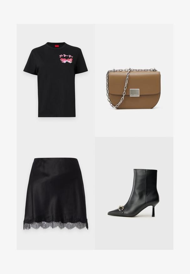Svart bomull T-skjorte med korte ermer som har et rosa grafisk motiv av solbriller og teksten "Not Your Girl" på venstre brystområde.; FROM FUTURE SAMMY - Blyantskjørt - noir; Sorte lær ankle boot med spiss tå, slank mid-høyde hæl og sølvspenne på siden mot en enkel bakgrunn.; Brun skinn crossover-veske med en buet form, sølvkjede-rem og en firkantet metallspenne detalj foran.