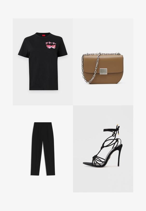 Schwarzes Baumwoll-T-Shirt mit kurzen Ärmeln, das auf der linken Brustseite eine pinkfarbene Grafik von Sonnenbrillen und den Text "Not Your Girl" zeigt.; Schwarze Hose mit geradem Schnitt, doppelten Falten, einer glatten Textur und einem klassischen Bunddesign. Keine sichtbaren Beschläge oder Akzente.; Schwarze Stiletto-Sandale mit geknotetem Riemendesign, offener Spitze und schmalem Absatz. Glatte Textur mit goldfarbenen Akzenten an den Riemen.; Braune Leder-Crossbody-Tasche mit gewölbter Form, silberner Kettenriemen und quadratischem metallischem Verschlussdetail auf der Vorderseite.