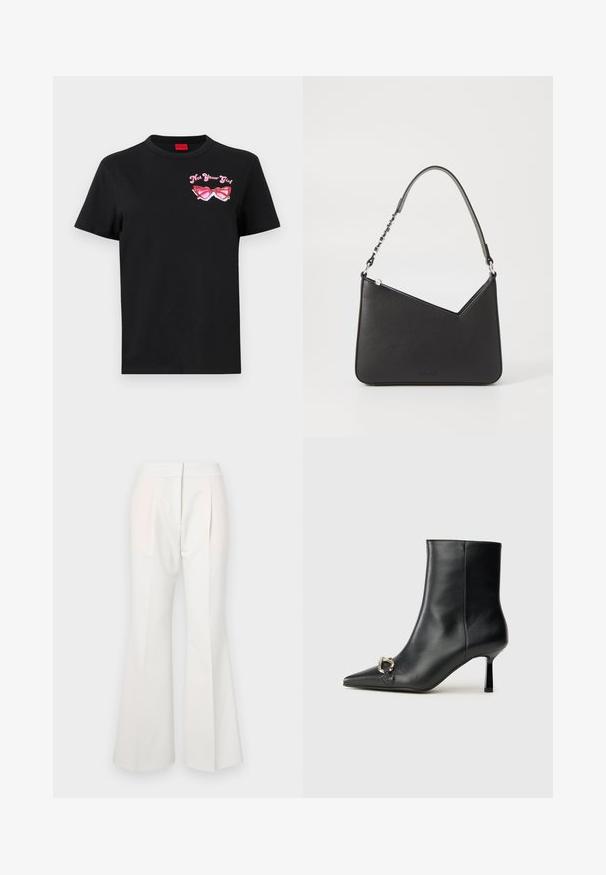 Czarna bawełniana koszulka z krótkim rękawem, z różowym graficznym wzorem okularów przeciwsłonecznych i napisem "Nie Twoja Dziewczyna" po lewej stronie klatki piersiowej.; Białe spodnie w stylu dzwonów o gładkiej fakturze, z plisami z przodu i subtelnie kontrastującymi panelami z tkaniny w jaśniejszym odcieniu.; Czarny skórzany botek za kostkę z szpiczastym noskiem, smukłym średnim obcasem i srebrnym zapięciem po boku na jednolitym tle.; Czarna skórzana torebka o trójkątnym kształcie, z cienkim paskiem i srebrnymi elementami. Posiada zamek błyskawiczny oraz wytłoczone logo z przodu.