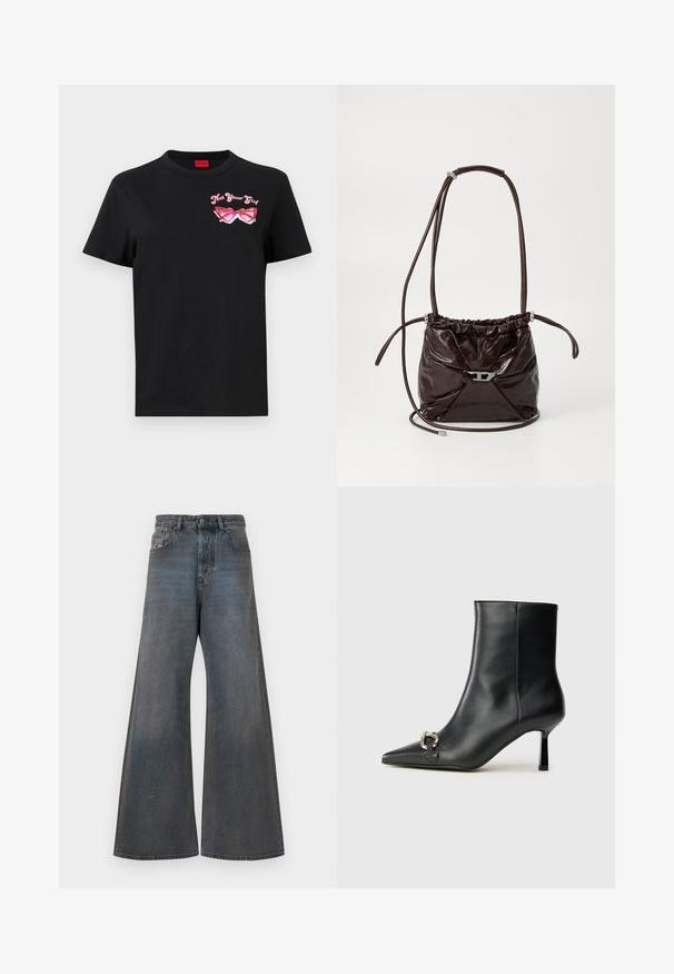 Juodas medvilnės marškinėliai su trumpomis rankovėmis, kuriuose kairėje krūtinės pusėje pavaizduoti rožiniai akinių grafiką ir tekstas "Ne tavo mergina".; Plati kojinės džinsinės kelnės tamsiai mėlynos spalvos su šiek tiek išblukusiu apdailos efektu. Yra penki kišenės, diržo kilpos ir mygtukų uždarymas.; Juodas odinis apavas iki kulkšnies su smailiu nosiu, plonu vidutinio aukščio kulnu ir sidabriniu sagties akcentu šone, prieš paprastą foną.; Tamsiai ruda blizgi odinė petneša su surinkta viršūne ir plona reguliuojama petneša, kuri turi mažą sidabro tono užsegimą priekyje.