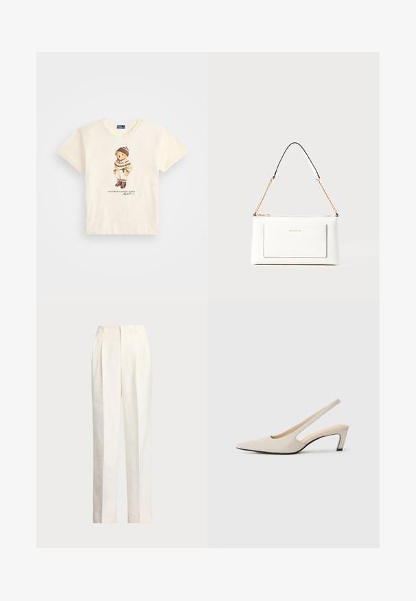 Kermaru lyhythihainen T-paita, jossa on kuva karhusta talvivaatteissa, ruskeilla yksityiskohdilla ja teksti "POLO BEAR by RALPH LAUREN."; Polo Ralph Lauren HEMP WIDE LEG PANT - Housut - nevis; Sandaali kanga-ali kupa mawe ya rangi beige, yenye muundo wa kipande kilichokatwa, kisigino cha sentimita 5, na uso laini. Inaburudisha na mguu mweusi.; Valkoinen nahkalaukku tekstuuripinnalla, jossa on kultaketjuolkaimet ja mustia yksityiskohtia. Mukana etutasku ja vetoketjusulku.