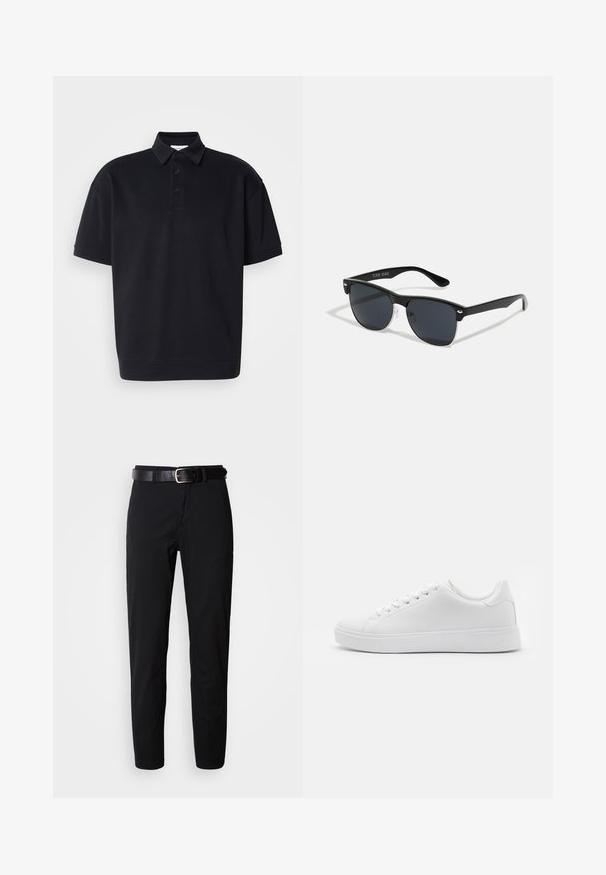 Camisa polo negra hecha de tela de algodón mezclada, con un cuello puntiagudo, tapeta de tres botones y mangas cortas. Diseño sencillo con un ajuste relax.; Pantalones negros de corte recto, con una textura suave y un cinturón de cuero negro con una hebilla plateada. Diseño simple, sin patrones ni detalles.; Zapatillas blancas con parte superior sintética suave, puntera redondeada, seis ojales para los cordones y suela de goma de perfil bajo con detalles texturizados.; Gafas de sol negras con forma rectangular, lentes oscuros, detalles plateados en las patillas y un acabado mate en la montura.