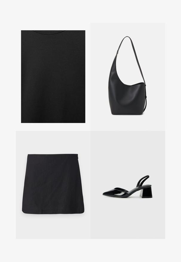 Tessuto di cotone nero con una texture liscia e scollatura rotonda, caratterizzato da un motivo a grana sottile e uniforme. Nessun logo o accento visibile.; Gonna mini in lino nera con taglio dritto, orlo pulito e texture sottile. Presenta una zip laterale per la chiusura.; Décolleté in vernice nera con punta affusolata e tacco in geometria cubica. Presentano un design elegante e minimalista, con una texture liscia.; Borsa hobo nera in pelle con una superficie liscia, forma curvata e una singola tracolla regolabile; presenta un'ampia apertura nella parte superiore.